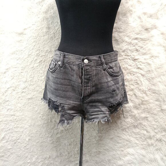 Free People We the Free Womens Charcoal Distressed Denim Fly Buttons Shorts - Picture 1 of 8